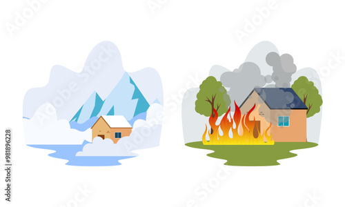 Natural disaster scenes. Different elemental calamity logo