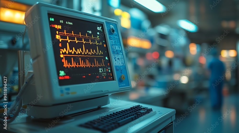 Medical monitor displaying vital signs in a healthcare setting. Medical monitor displaying vital signs in a healthcare setting.