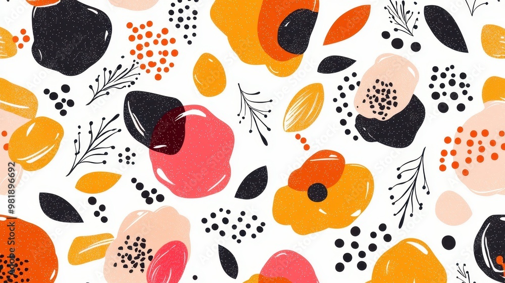 Abstract Floral Pattern with Black and Orange Shapes Abstract Floral Pattern with Black and Orange Shapes