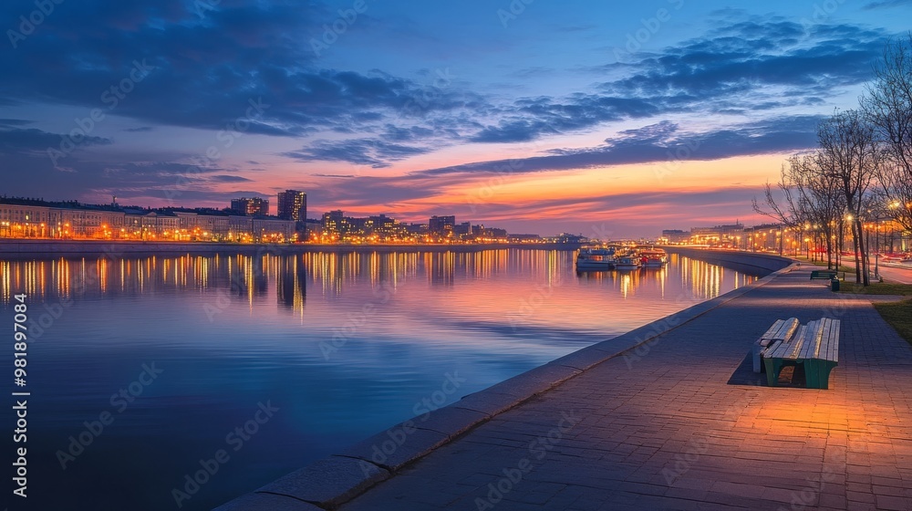 Naklejka premium Evening view of Neva river and Ribatskoe