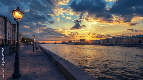 St. Petersburg's Neva river and Ribatskoe at dusk