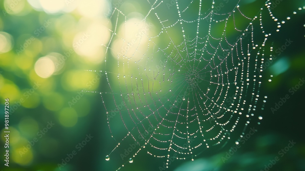 Dew-Covered Spider Web with Green Bokeh Background Dew-Covered Spider Web with Green Bokeh Background