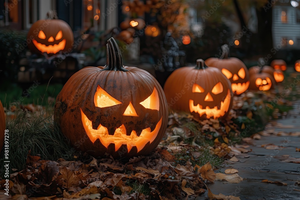 Jack-O-Lanterns Outside House on Halloween Background, Haunted Pumpkins Spooky October Wallpaper, Fun Seasonal Backdrop Jack-O-Lanterns Outside House on Halloween Background, Haunted Pumpkins Spooky October Wallpaper, Fun Seasonal Backdrop
