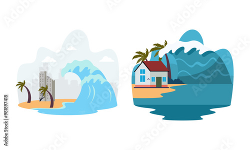 Natural disaster scenes. Different elemental calamity logo