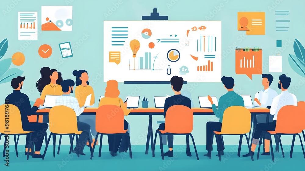 Business Team Meeting Analyzing Data on Whiteboard Business Team Meeting Analyzing Data on Whiteboard
