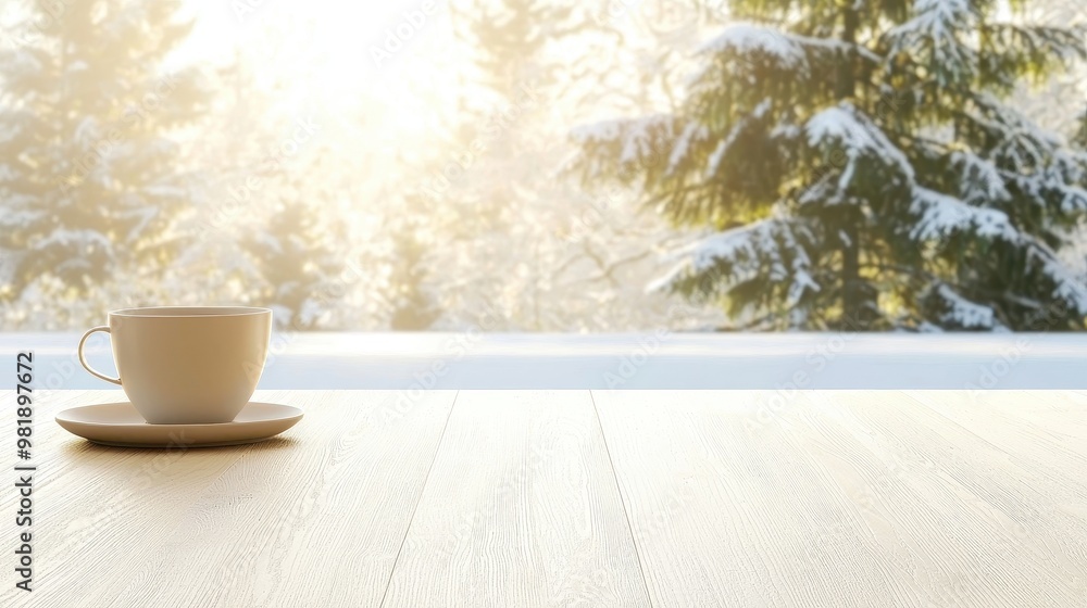 Wooden Table with Coffee Cup and Winter Forest Background Wooden Table with Coffee Cup and Winter Forest Background