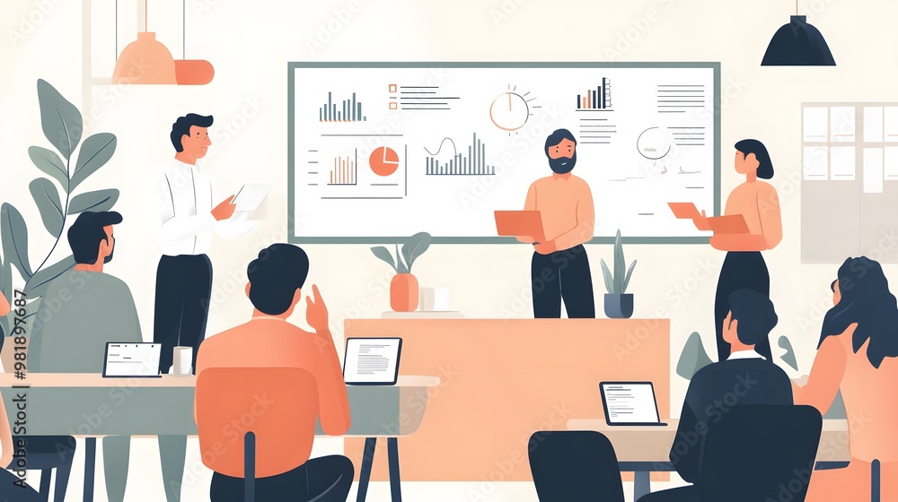 Business Team Presentation with Data and Charts on a Whiteboard Business Team Presentation with Data and Charts on a Whiteboard