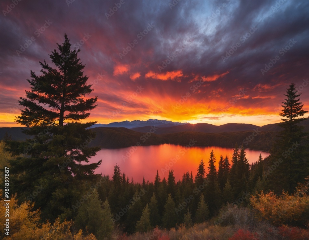 Obraz premium Sunset over mountain lake