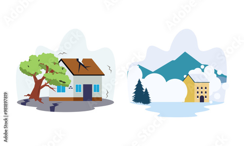 Natural disaster scenes. Different elemental calamity logo