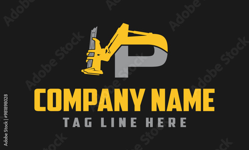 Letter P Excavator Forestry ,cutting trees in the forest , Logo Design