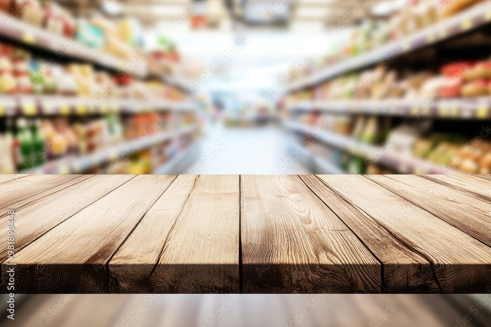 Wooden table top with blurred grocery aisle background. Wooden table top with blurred grocery aisle background.
