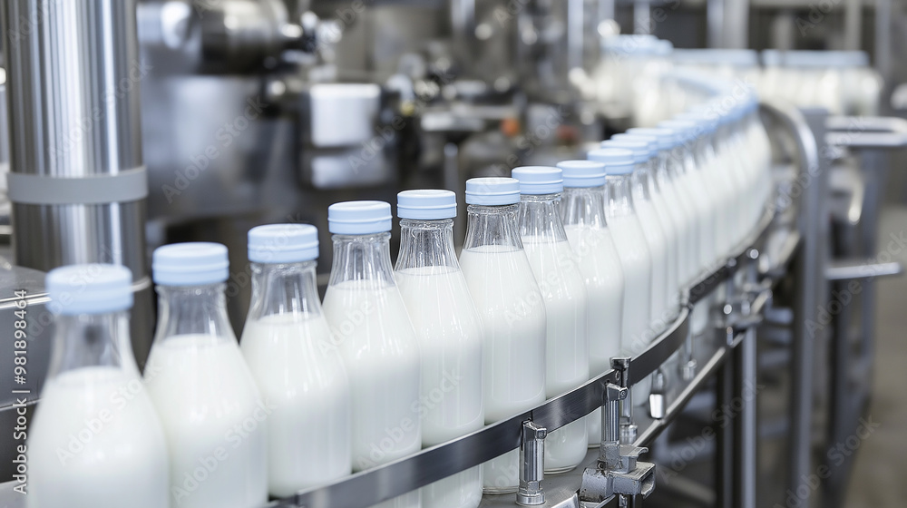 Fototapeta premium Glass bottles filled with milk on a conveyor belt in a modern factory. 