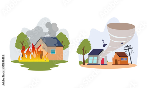 Natural disaster scenes. Different elemental calamity logo