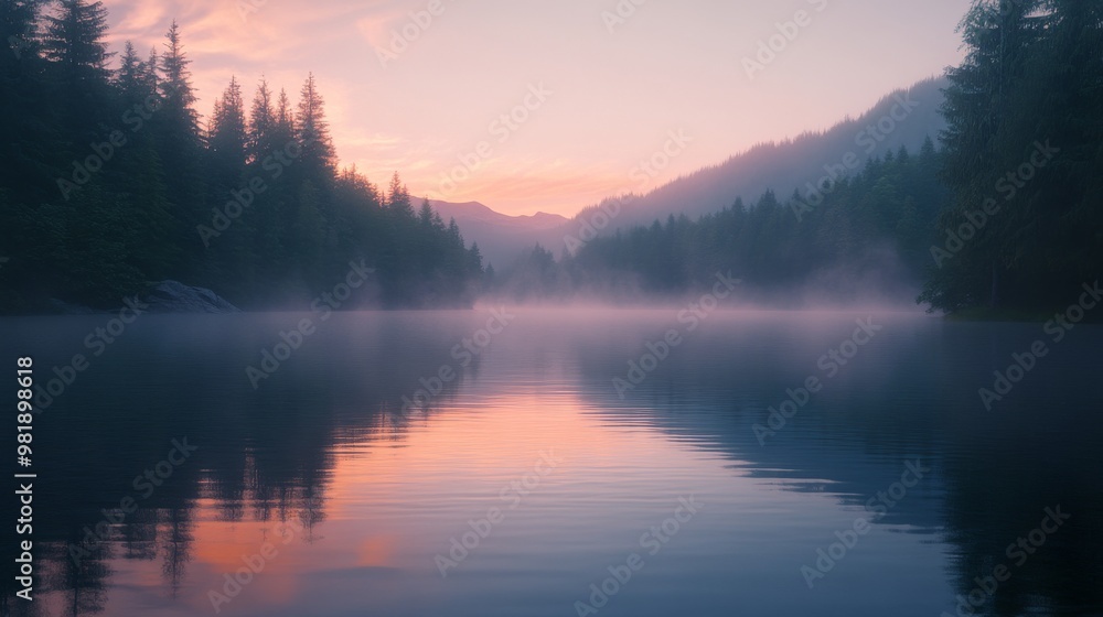 Obraz premium Foggy Sunrise Over a Still Lake in a Pine Forest