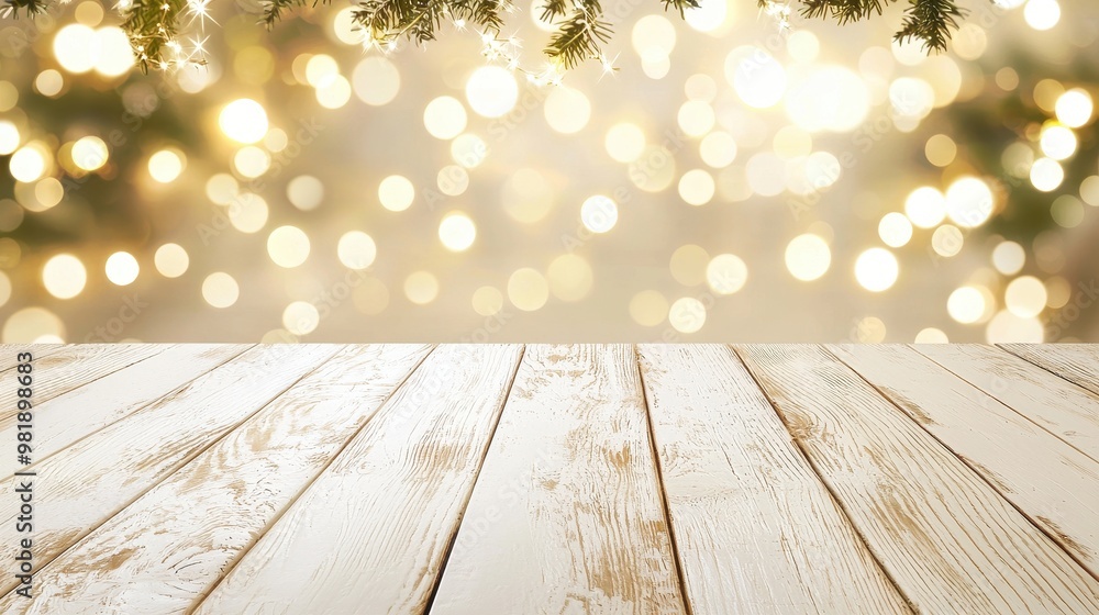 White Wooden Tabletop with Bokeh Christmas Lights Background White Wooden Tabletop with Bokeh Christmas Lights Background