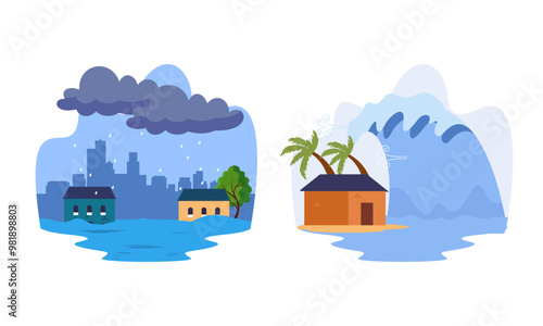 Natural disaster scenes. Different elemental calamity logo