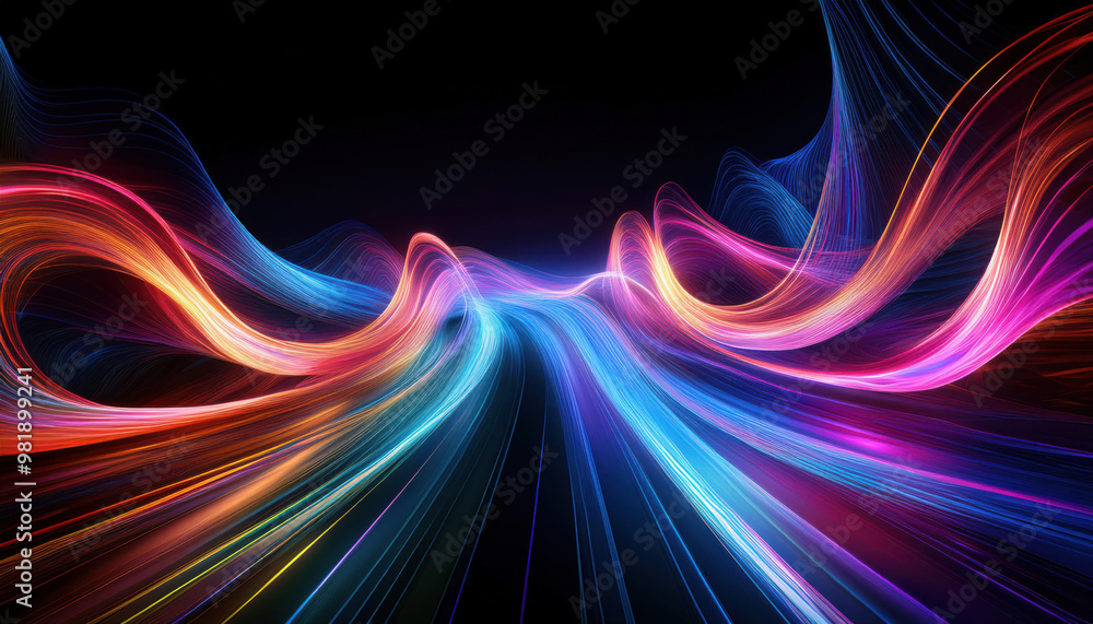 Wave of colorful light line trails of blue, red, green, purple and orange in pitch black background for technology, futuristic, abstract concept Wave of colorful light line trails of blue, red, green, purple and orange in pitch black background for technology, futuristic, abstract concept