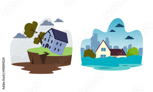 Natural disaster scenes. Different elemental calamity logo