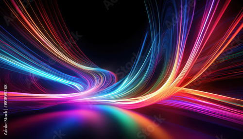 Wave of colorful light line trails of blue, red, green, purple and orange in pitch black background for technology, futuristic, abstract concept