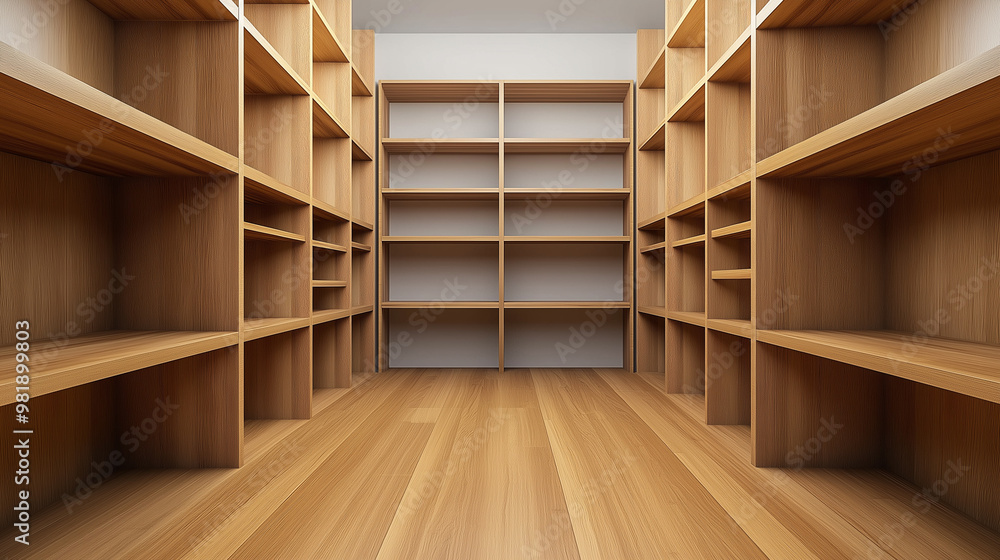 A long corridor of empty wooden shelves in a large storage room or library. A long corridor of empty wooden shelves in a large storage room or library.