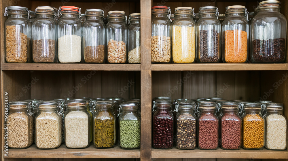 A pantry shelf neatly organized with various dry goods stored in glass jars.