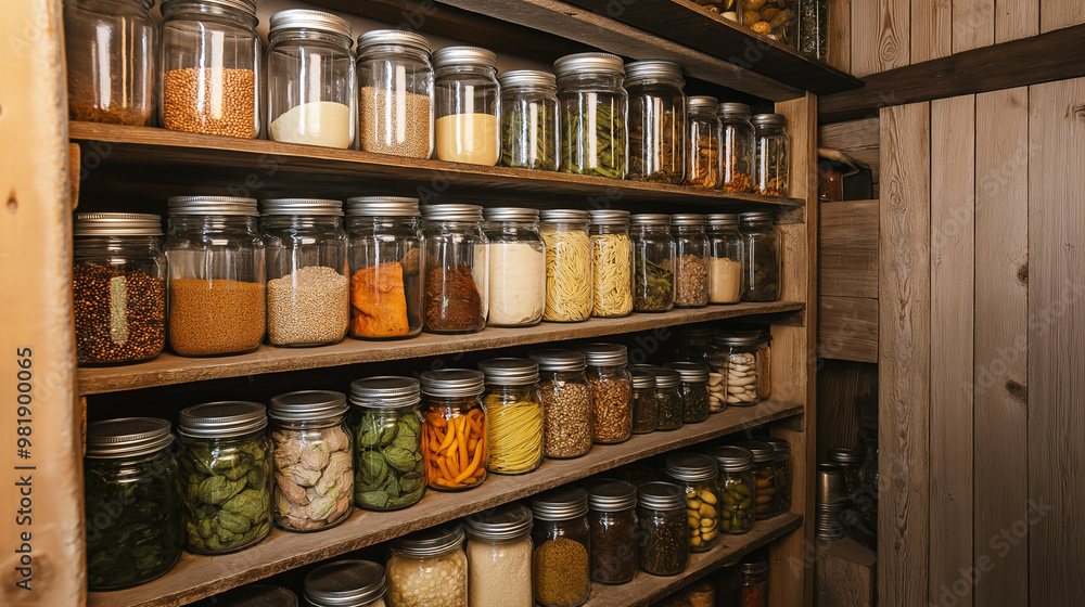 A pantry shelf neatly organized with various dry goods stored in glass jars. A pantry shelf neatly organized with various dry goods stored in glass jars.
