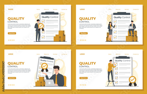 Quality control landing page template concept. product Iso 9001 certification vector illustration for web design