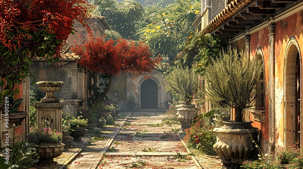 Fototapeta premium Mediterranean Courtyard with Stone Architecture and Lush Greenery