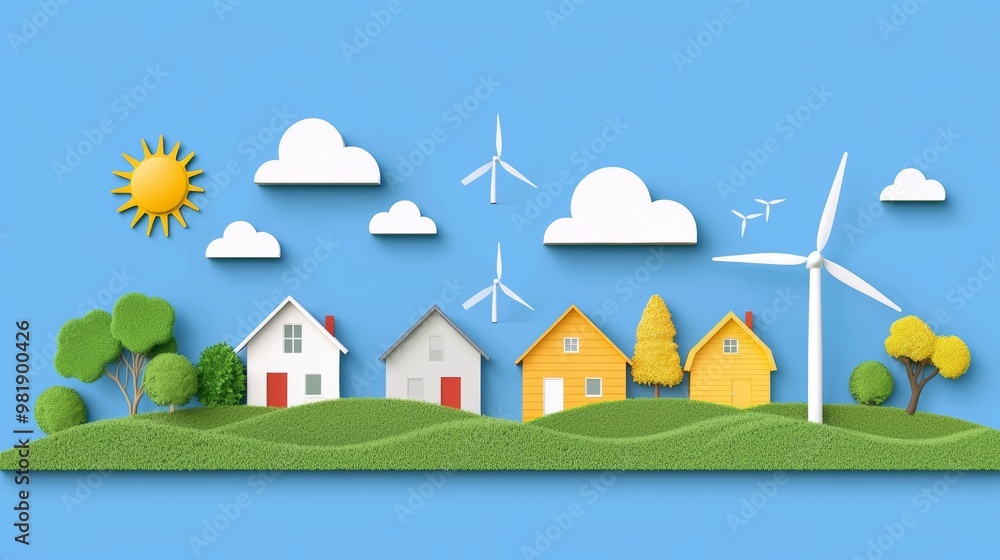 A colorful illustration of houses amid greenery, featuring wind turbines and a bright sun, promoting eco-friendly living and sustainability. A colorful illustration of houses amid greenery, featuring wind turbines and a bright sun, promoting eco-friendly living and sustainability.