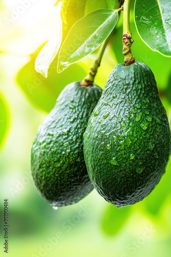 Ripe avocado fruit on garden for vertical background and social media