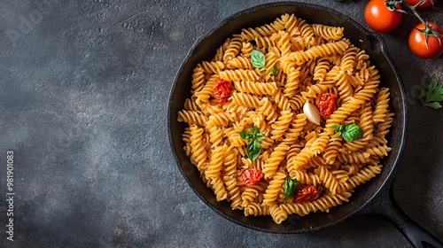 Cast iron pan with gluten-free pasta. photo