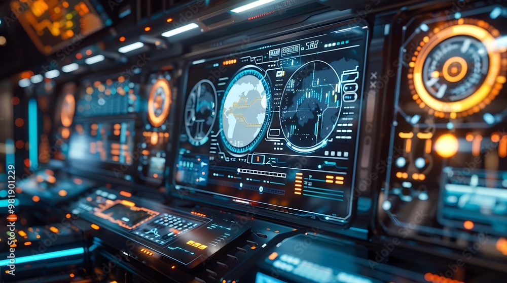 Obraz premium A futuristic control panel in a tech command center, displaying real-time data and analytics.