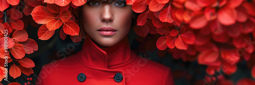 A striking portrait of woman surrounded by vibrant red autumn leaves, wearing bold red coat that complements natural scenery. image evokes sense of warmth and seasonal beauty photo