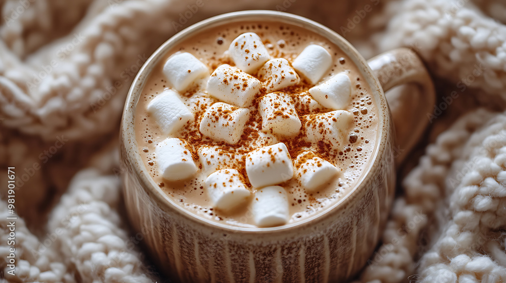 A top-down shot of a hot chocolate with marshmallows on a cozy blanket A top-down shot of a hot chocolate with marshmallows on a cozy blanket