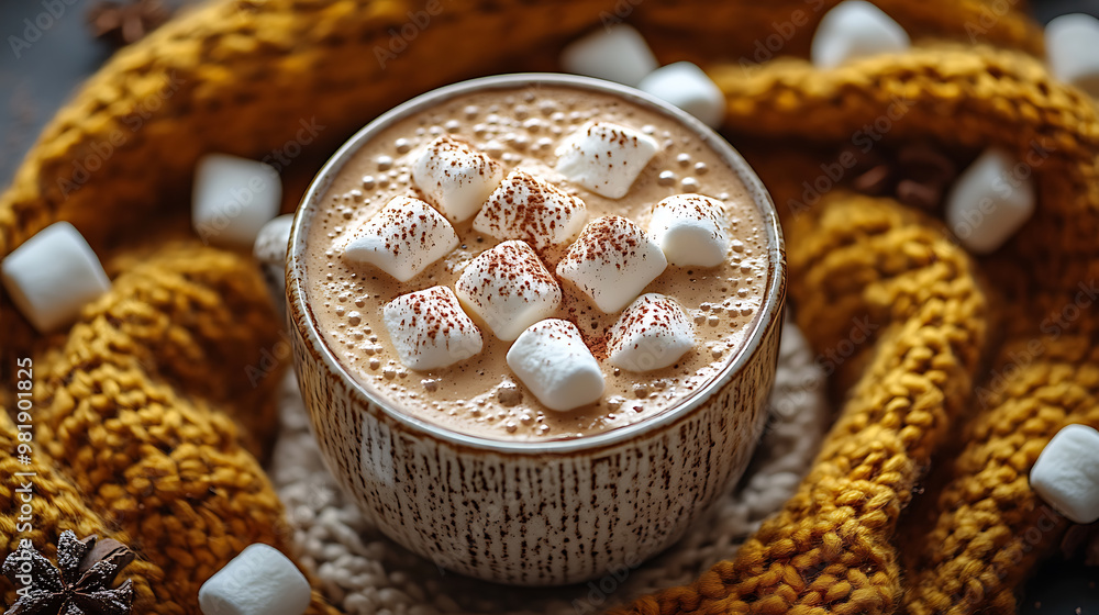 A top-down shot of a hot chocolate with marshmallows on a cozy blanket A top-down shot of a hot chocolate with marshmallows on a cozy blanket