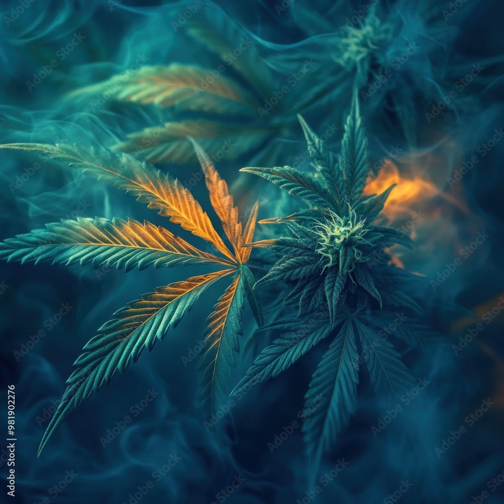 Close-up of Cannabis Leaves with Smoke and Golden Hues Close-up of Cannabis Leaves with Smoke and Golden Hues