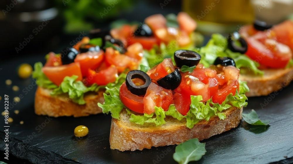 Bruschetta with tomato, olives Bruschetta with tomato, olives