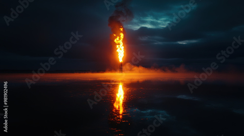 A nighttime shot captures flare stack illuminating dark sky, reflecting beautifully on waters surface. scene evokes sense of awe and wonder