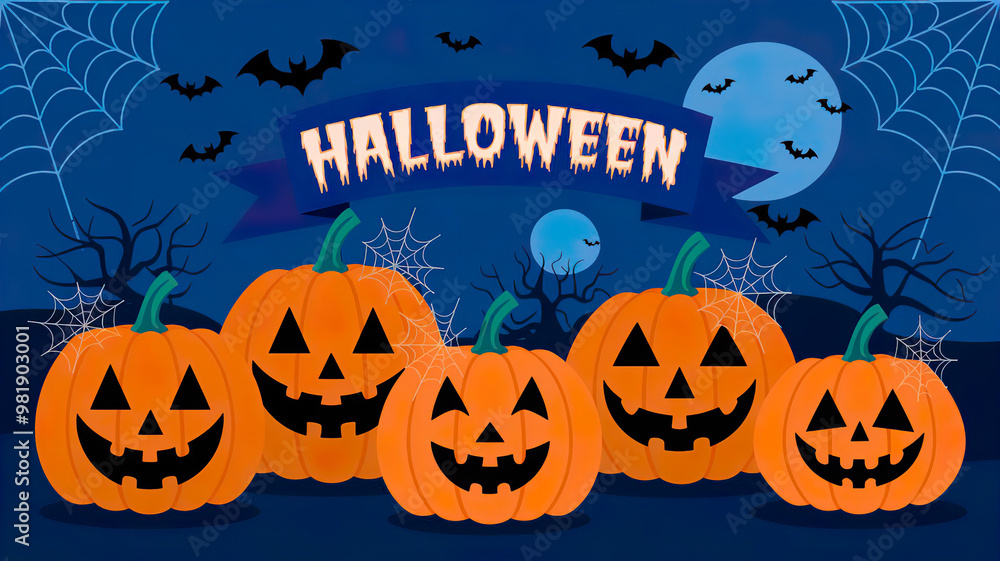 Pumpkins with scary smiling face and spider web on dark background. Carved pumpkin Jack-o-lantern. Happy Halloween concept for design card, banner, poster with copy space. Pumpkins with scary smiling face and spider web on dark background. Carved pumpkin Jack-o-lantern. Happy Halloween concept for design card, banner, poster with copy space.