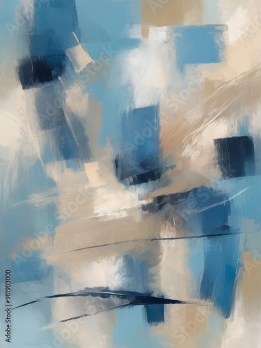 Abstract geometric painting with blue and beige squares, neutral tones, modern art background with copy space