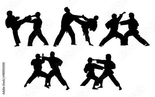 set of karate practice with vector silhouette 