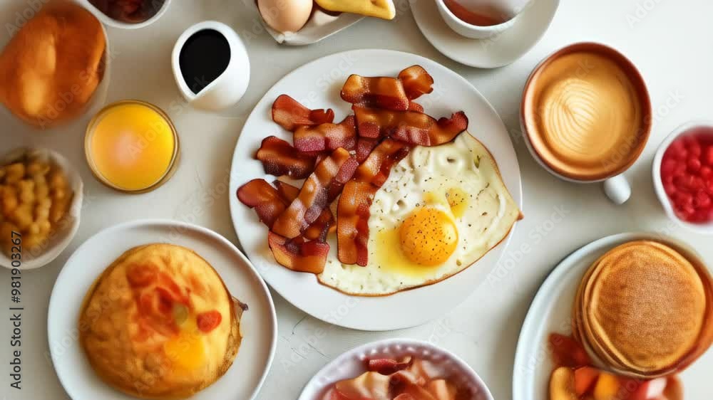 Delicious breakfast spread featuring eggs, bacon, pancakes, and coffee served in a cozy setting Delicious breakfast spread featuring eggs, bacon, pancakes, and coffee served in a cozy setting