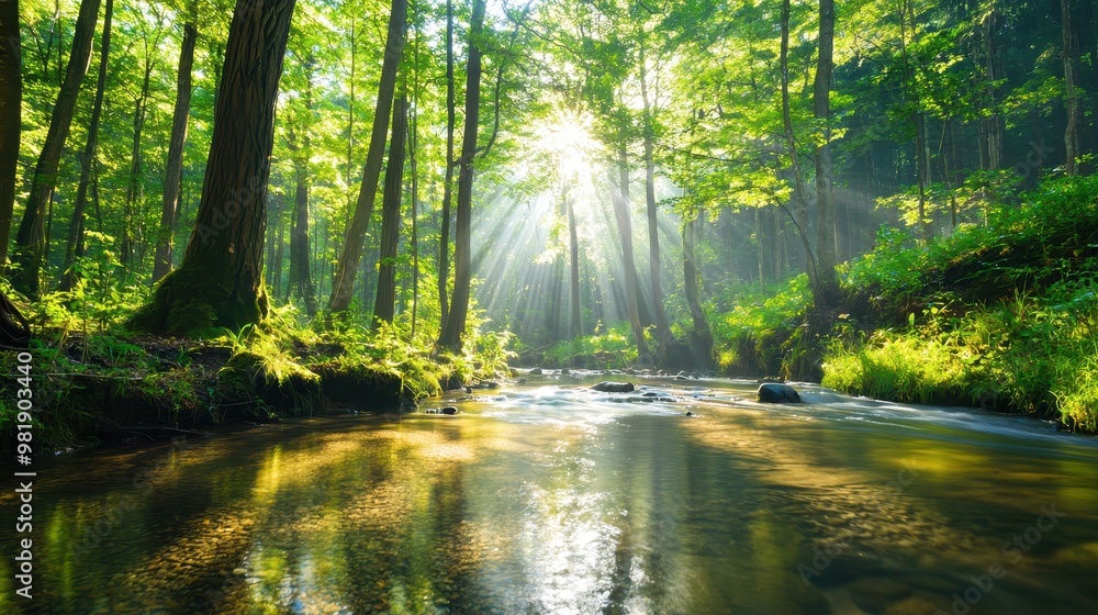 Obraz premium Sun Rays Through Trees Over Forest Stream