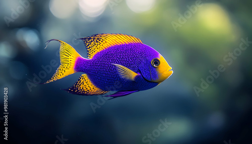 Vibrant blue and yellow fish swimming in clear water.