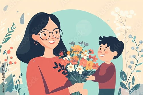 Happy Children Celebrating Teacher Appreciation with Flowers – A Heartwarming Illustration of Gratitude and Joy in a Classroom Setting