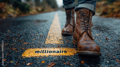 Trail to Prosperity: Arrow with ‘Millionaire’ Text Near Man’s Legs in Breeks and Boots - Representation of Financial Success photo