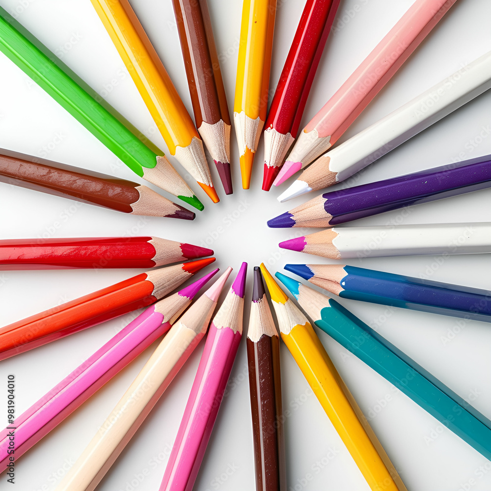 a whole view of multiple colorful pencils on white background, view from above, editorial photography a whole view of multiple colorful pencils on white background, view from above, editorial photography