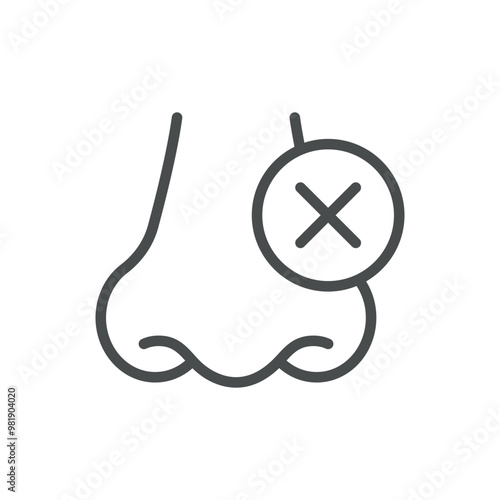 Blocked Nose Icon. Thin Line Illustration of Nose with Cross Symbol Representing Nasal Congestion. Medical Vector Sign for Breathing Issues and Nasal Blockage.