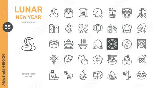 Lunar New Year Icons Set. Chinese New Year Celebration Line Art Symbols for 2025 Year of the Snake. For Korean New Year or Vietnamese Tet Traditional Holidays