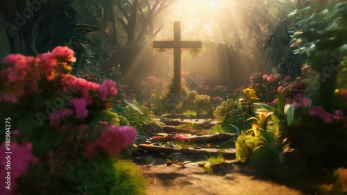A serene garden with vibrant flowers and a cross surrounded by sunlight in a lush forested area